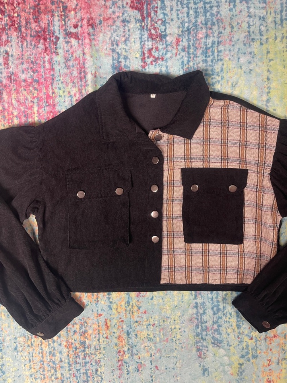 💙SHEIN Black & Tan Plaid Cropped Jean Jacket